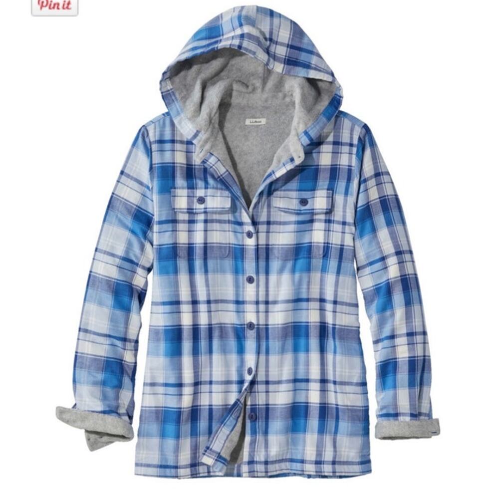 L.L. Bean Fleece Flannel Plaid Cotton Blue Women Hoodie Shacket Jacket Small